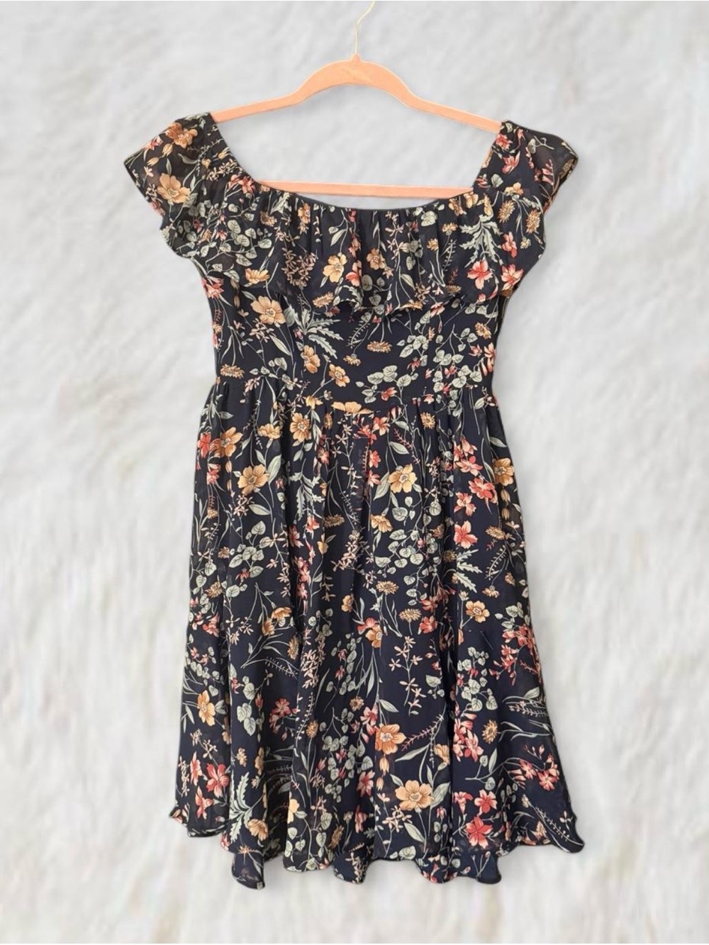 Lulu's Navy Floral Ruffle Off-Shoulder Women’s Dress